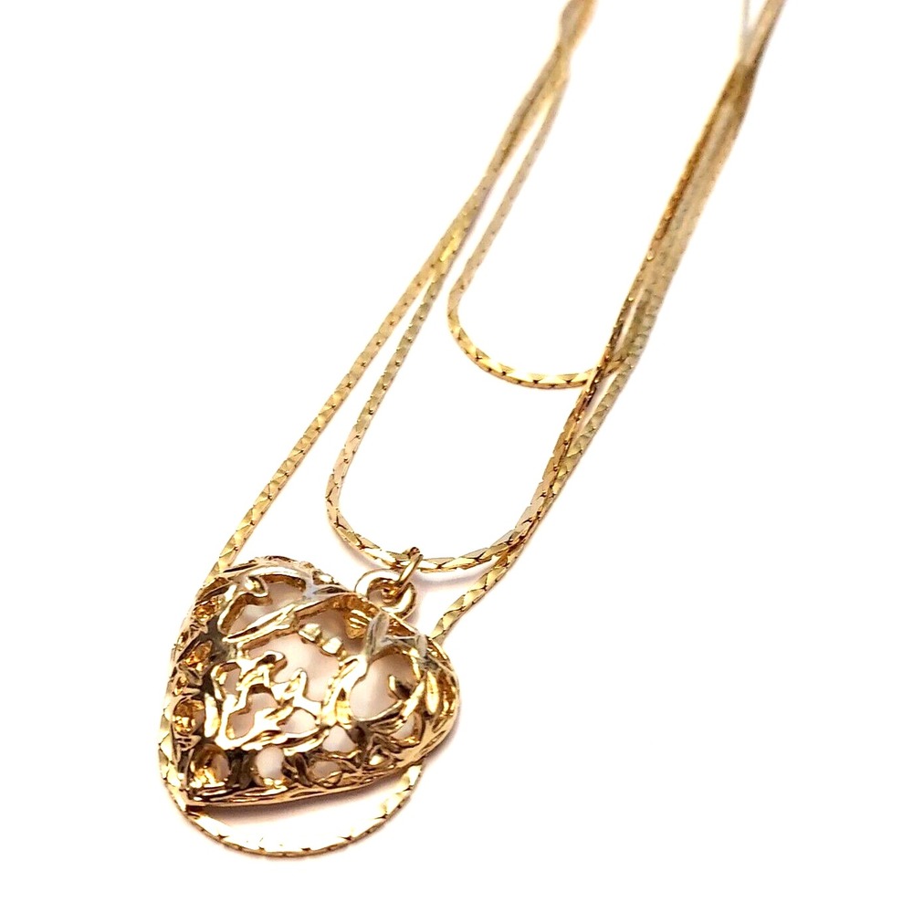 Heart Necklace - Gold Tone Triple Chain with Filigree Heart Pendant